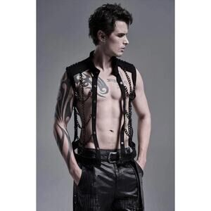 🦋B2G1🦋Punk Rave Black Gothic Heavy Metal Hollow-out Chain Vest Top for Men